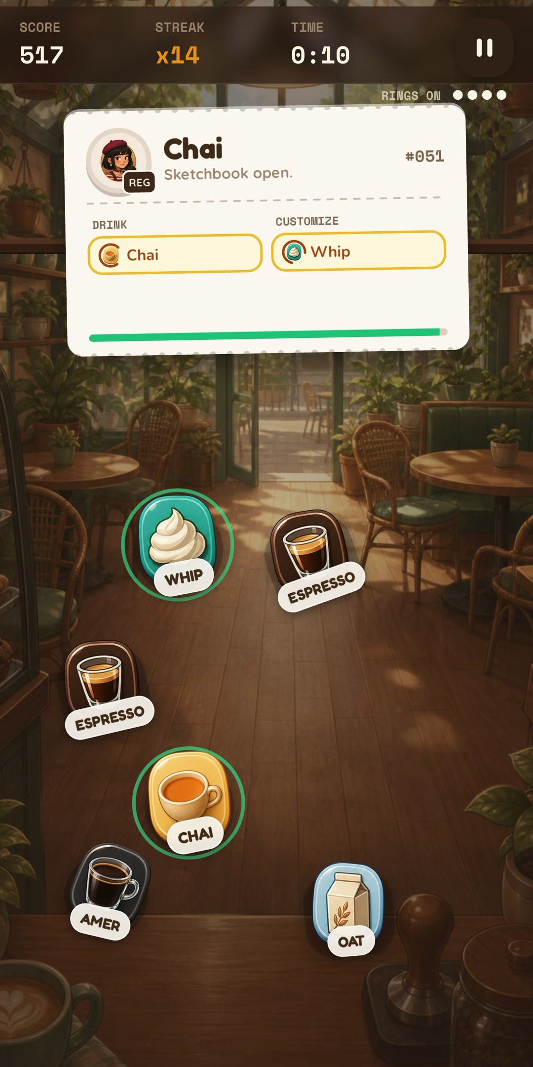 A Morning Rush shift in play: Chai&rsquo;s order ticket with a Whip customization above illustrated drink tokens on the sunlit cafe floor.