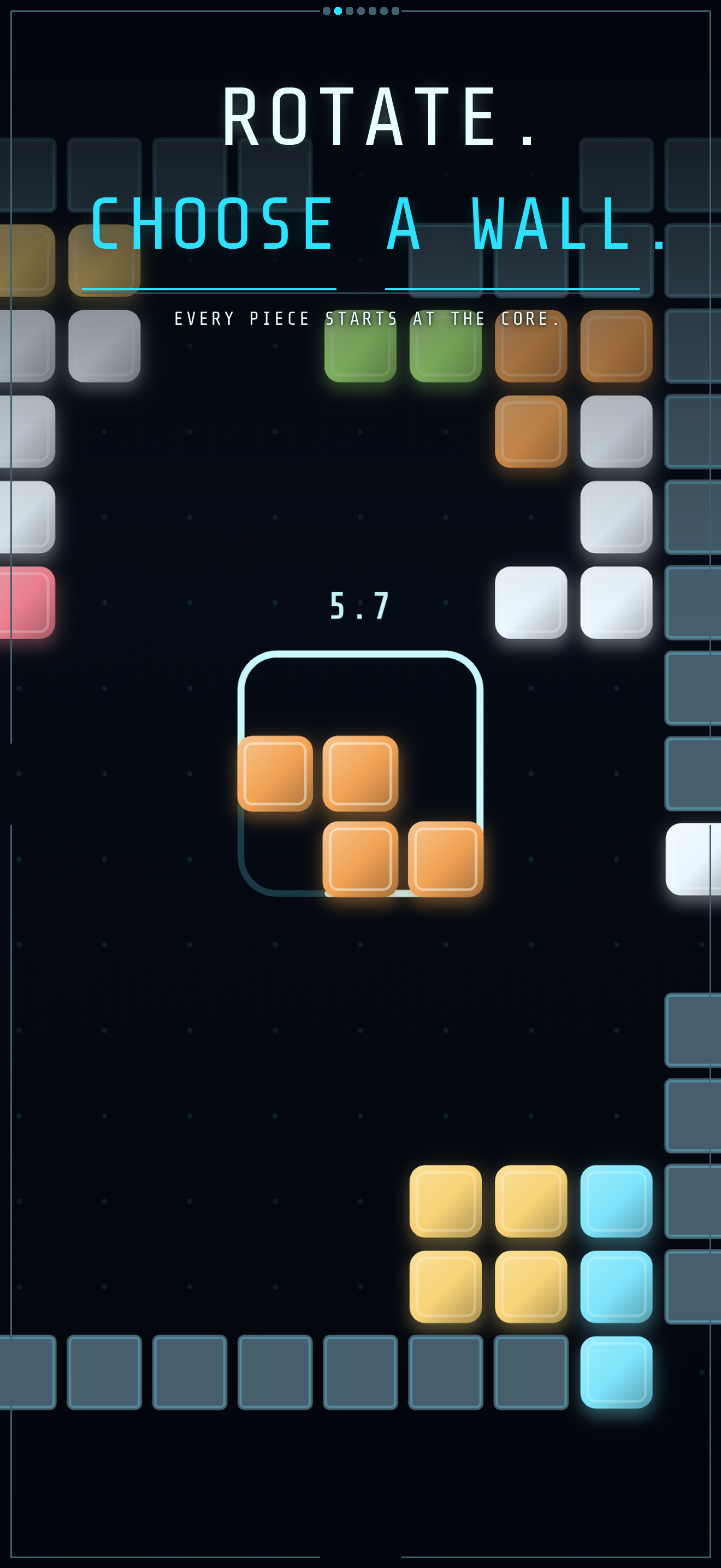 A held piece waiting in Corewall&rsquo;s central core aperture with the wall countdown running and open lanes on every side, under the words “ROTATE. CHOOSE A WALL.”