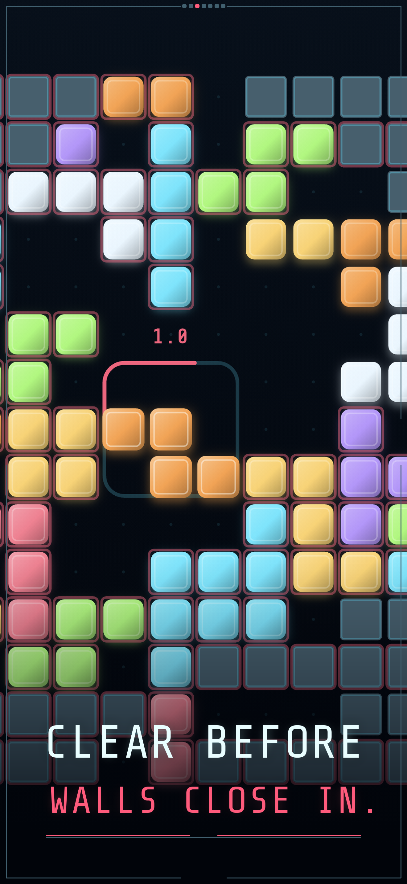 A dense max-speed Corewall run seconds from breach, cells rimmed in red warning light and the wall countdown at 1.0, above the warning “CLEAR BEFORE WALLS CLOSE IN.”