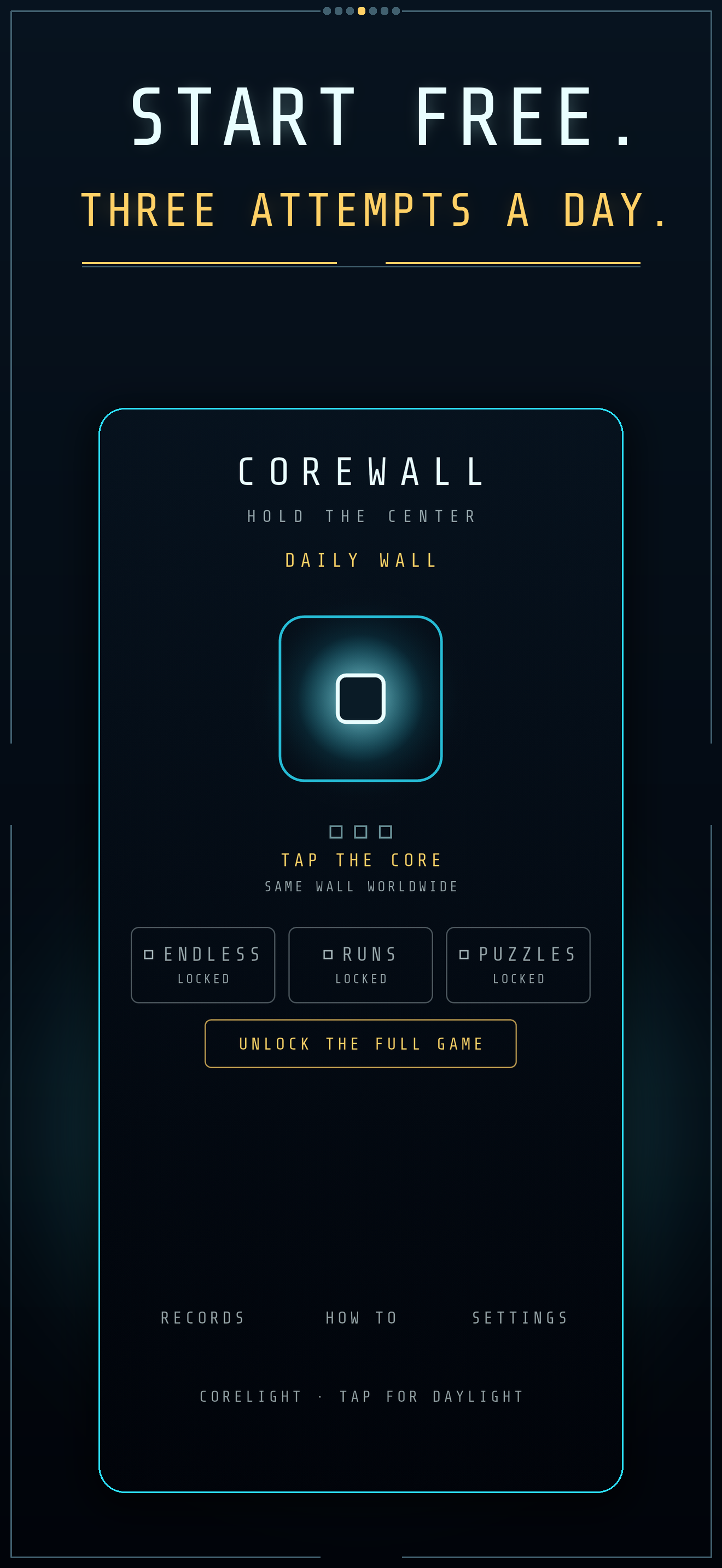 The Corewall Daily Wall home screen floating over a glow that echoes the core aperture, under the words “START FREE. THREE ATTEMPTS A DAY.”