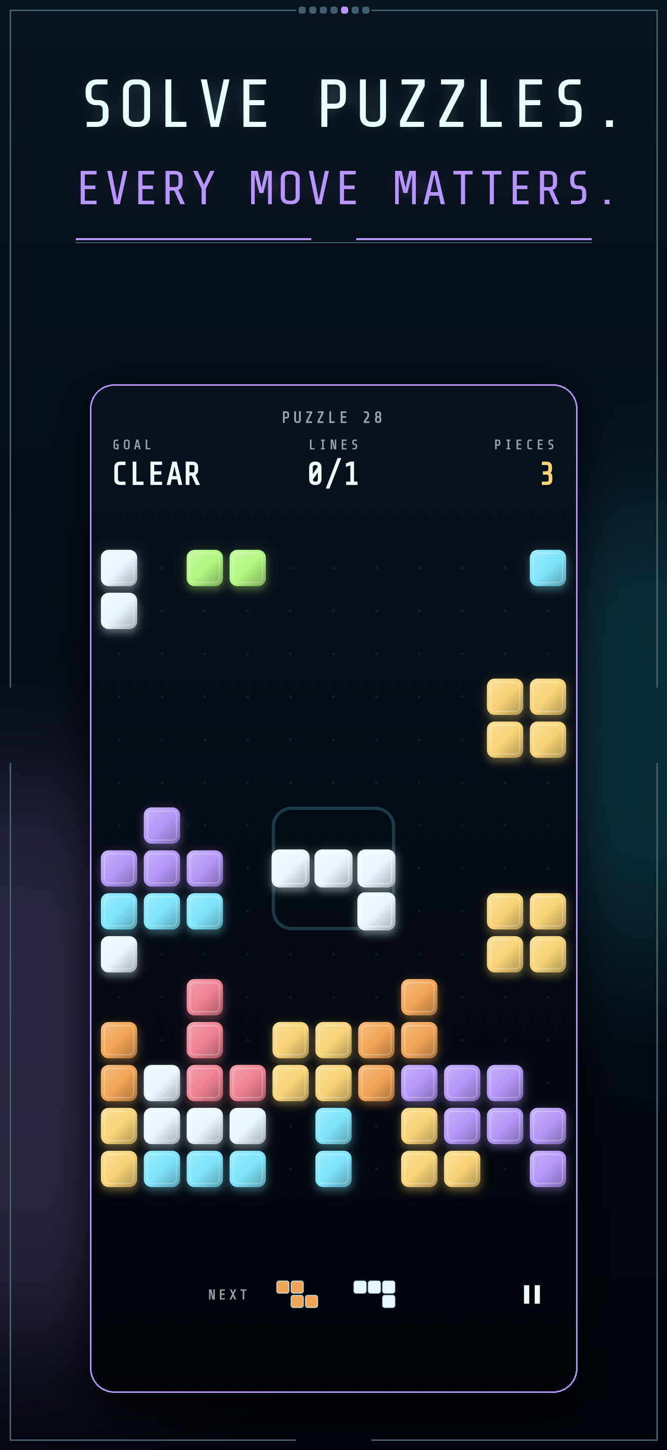 A complete authored Corewall puzzle screen floating as a panel, showing its goal, line, and piece-budget header, the board, and the visible piece sequence, under the words “SOLVE PUZZLES. EVERY MOVE MATTERS.”