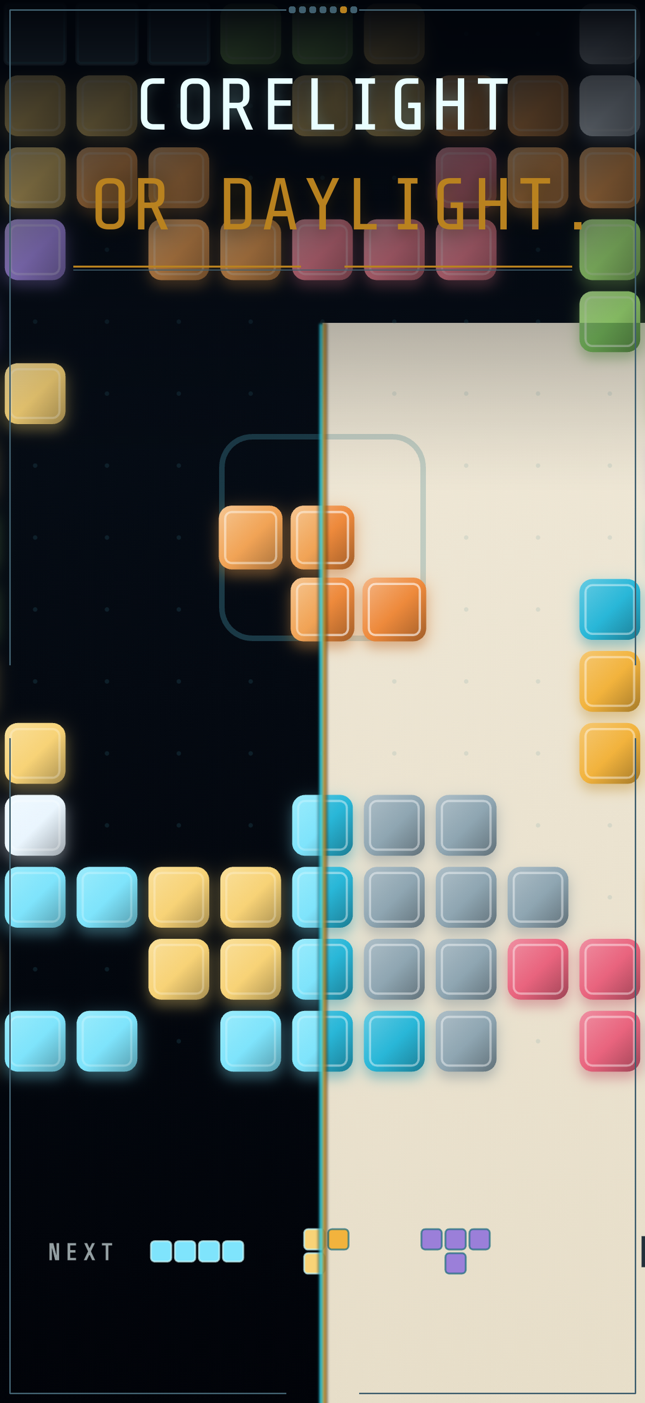 The same Corewall puzzle captured in both themes and splitting down the center seam, dark Corelight left and warm Daylight right, under the words “CORELIGHT OR DAYLIGHT.”