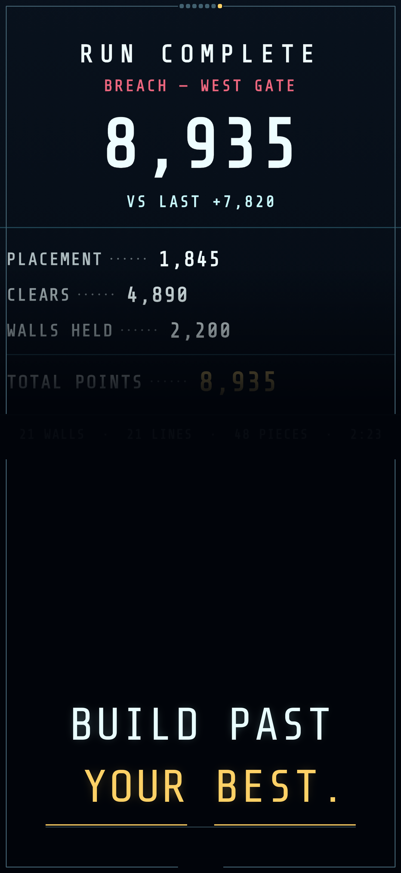 A truthful Corewall run result spotlighting 8,935 points and a +7,820 improvement over the previous attempt, above the words “BUILD PAST YOUR BEST.”