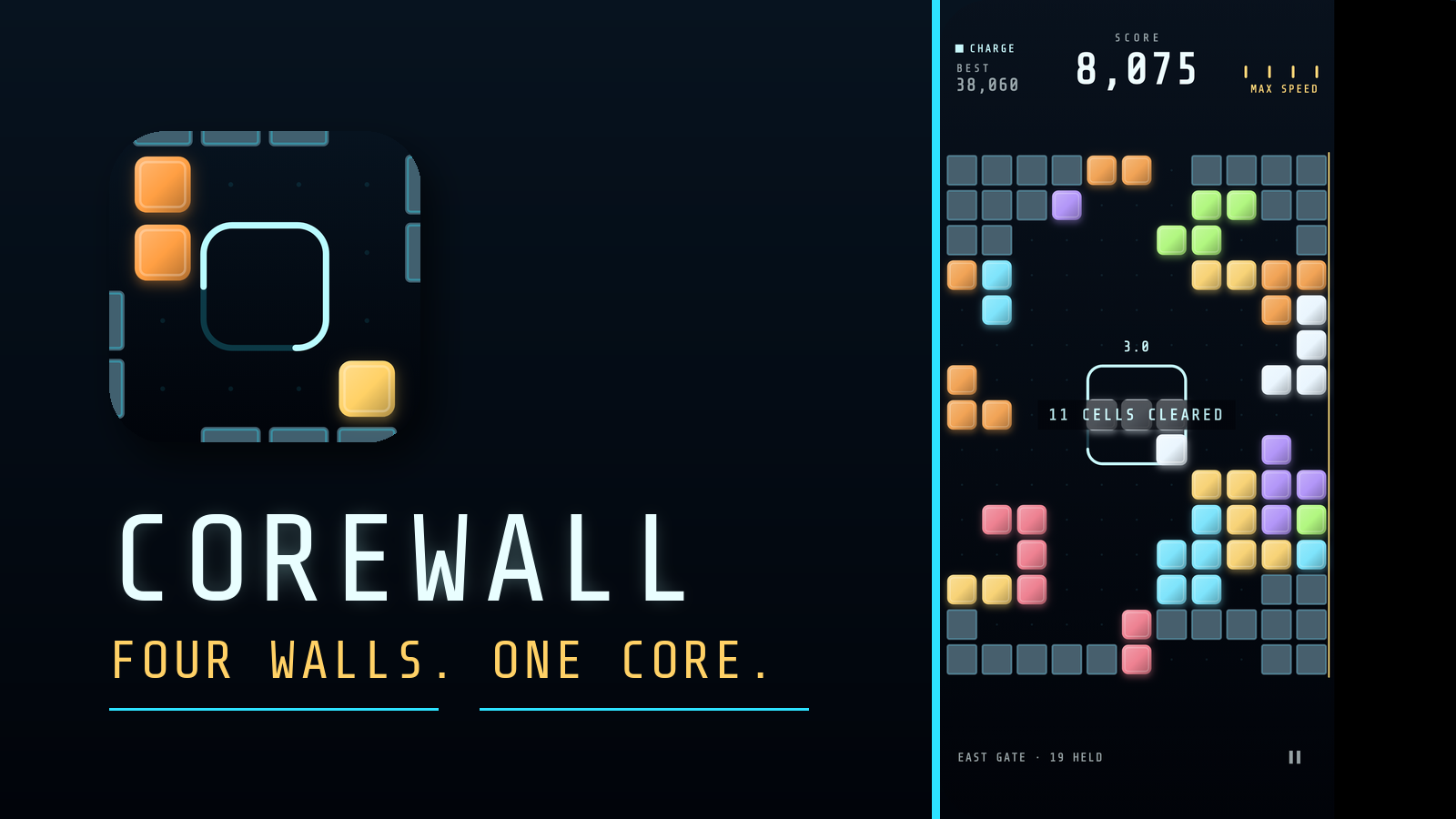 Corewall landscape hero with the glowing core icon and title on the left, a cyan wall seam, and a real max-speed run on the right.
