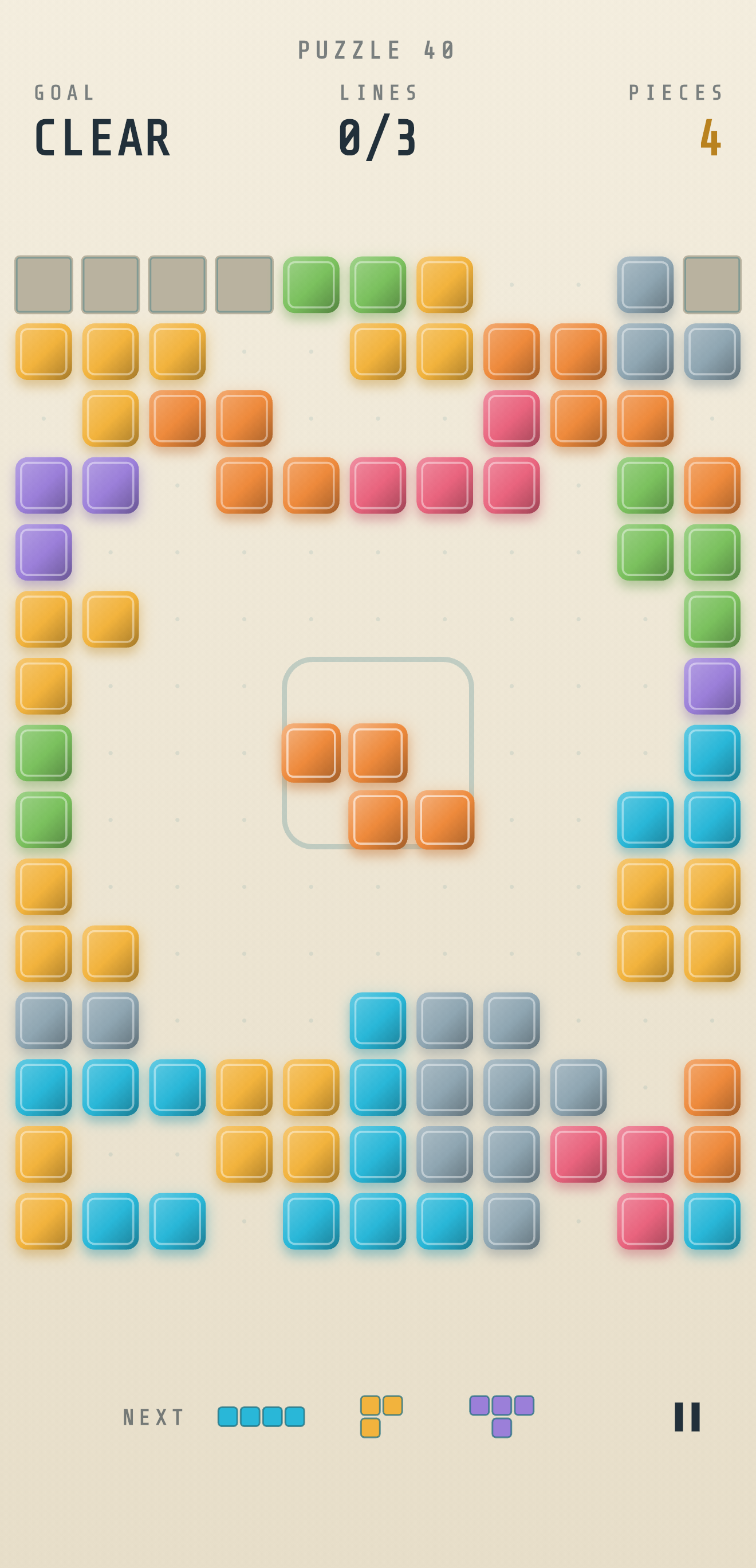 An authored Corewall puzzle in the warm Daylight theme, with its goal, line target, and piece budget above the board.