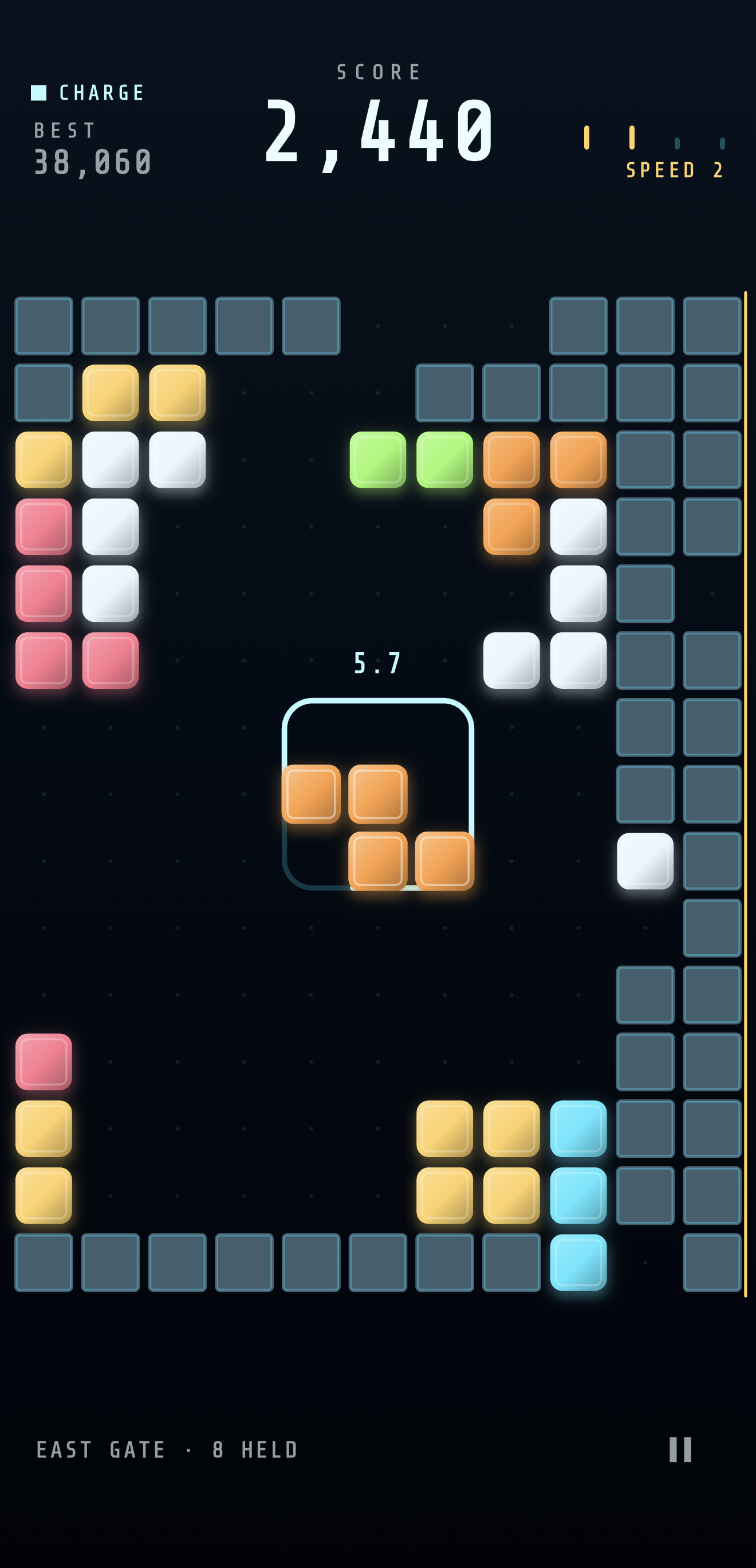 A live Corewall board with the held piece waiting in the glowing central core, the wall countdown running, and open lanes on every side.