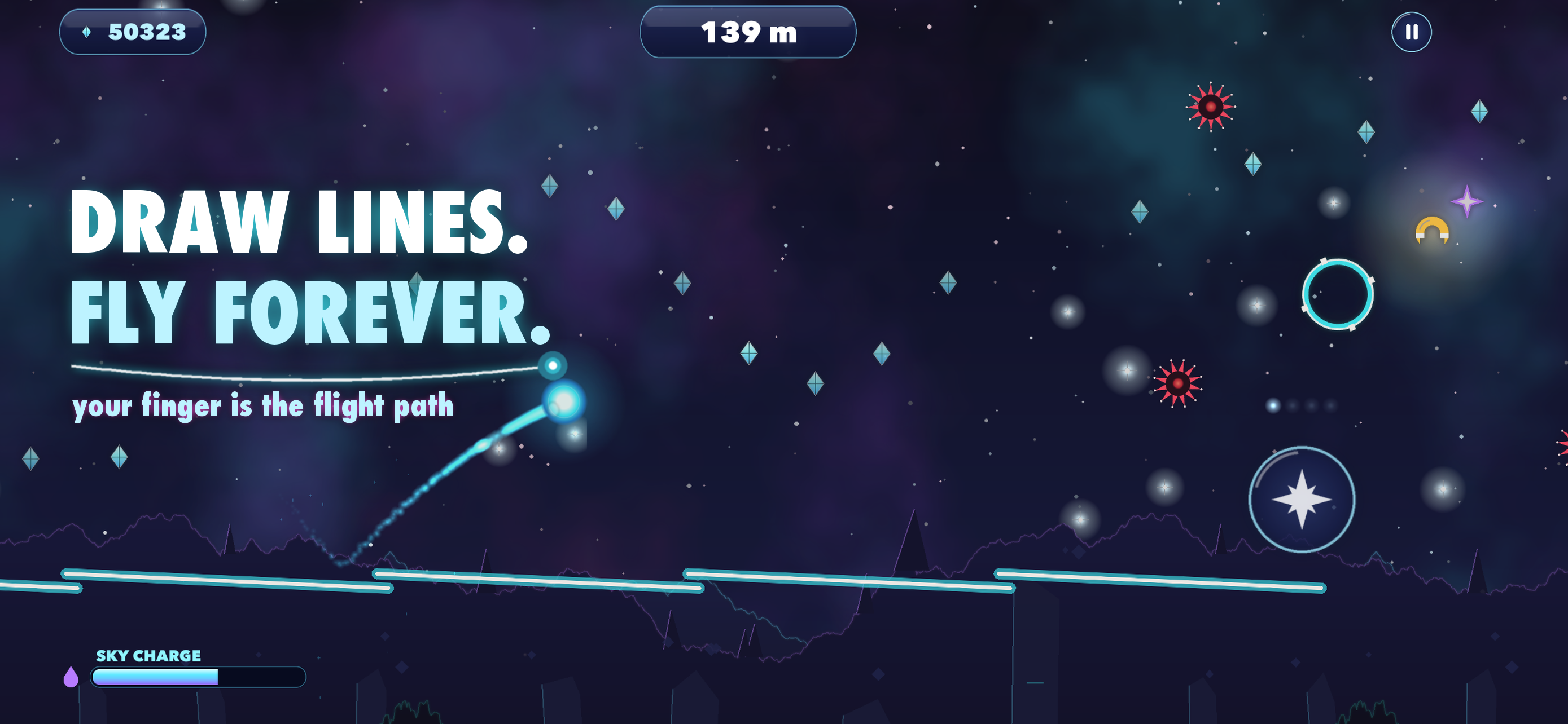 Nova rides a hand-drawn cyan line through a starry sky beneath the words “Draw lines. Fly forever.”