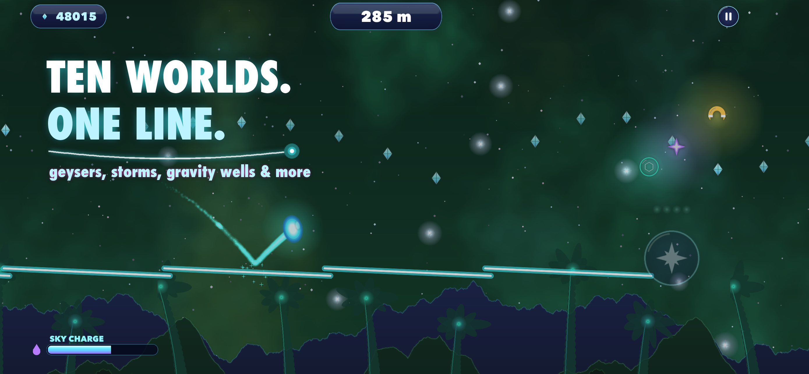 Nova flies through the green Emerald Drift world beneath the words “Ten worlds. One line.”