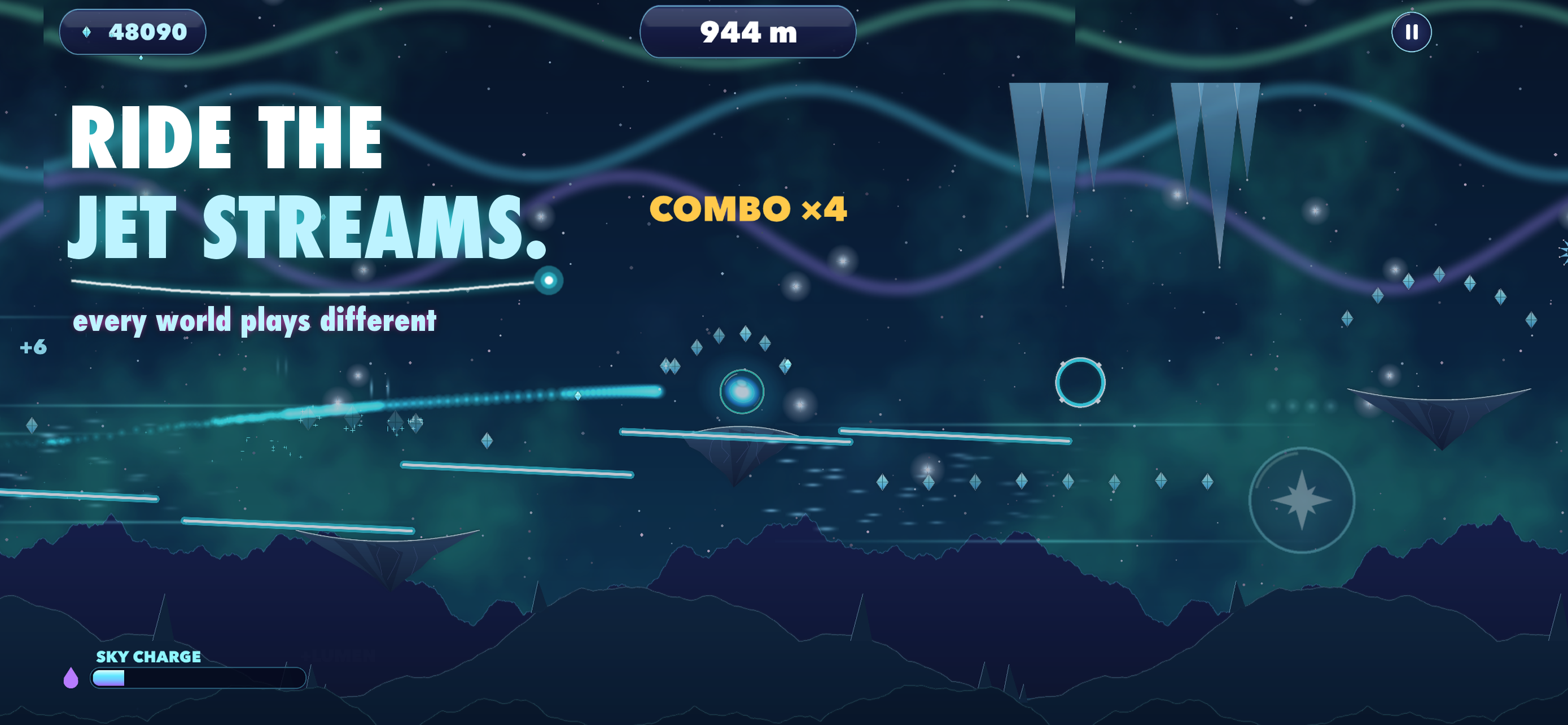 Nova crosses Aurora Reach beneath flowing jet streams and the words “Ride the jet streams.”