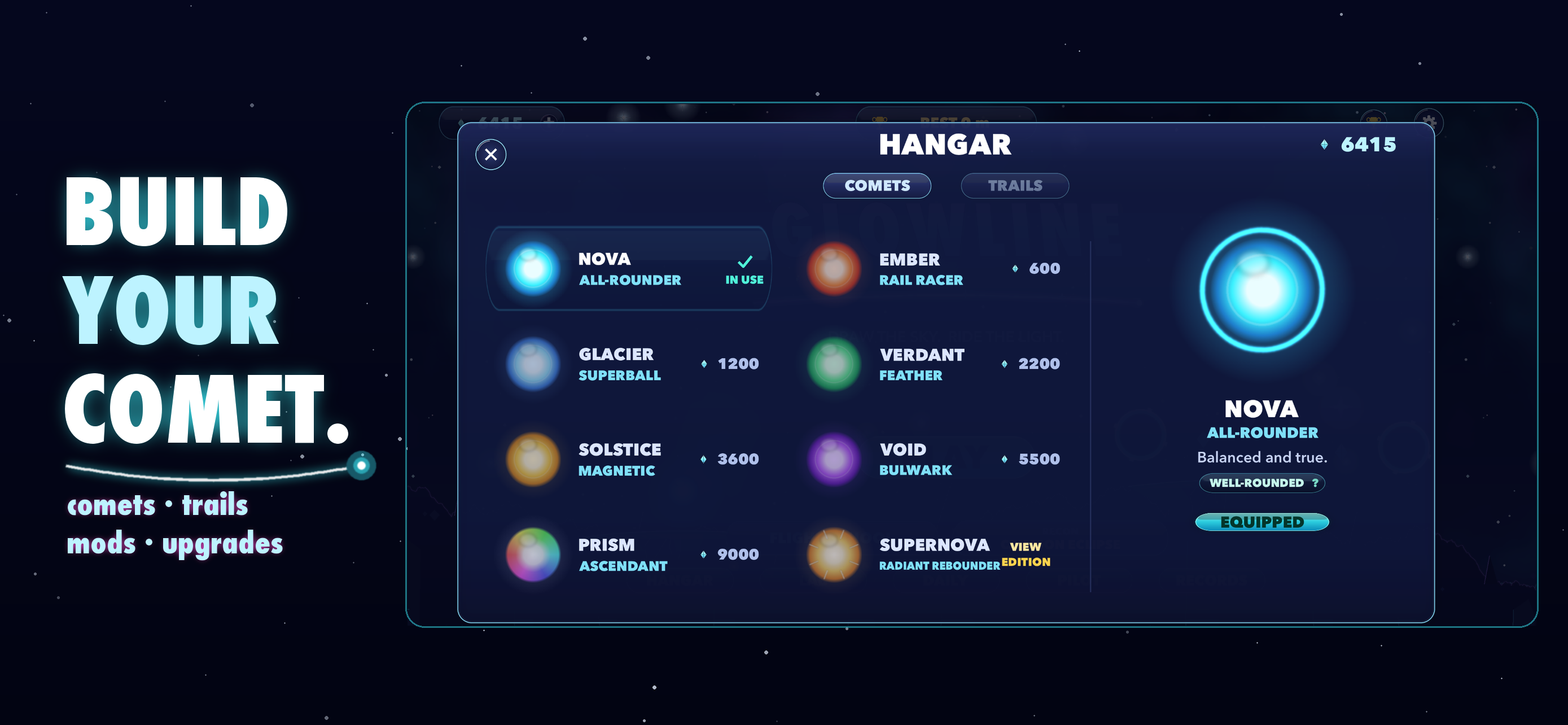 Glowline’s Hangar shows the comet roster and Nova loadout beside the words “Build your comet.”