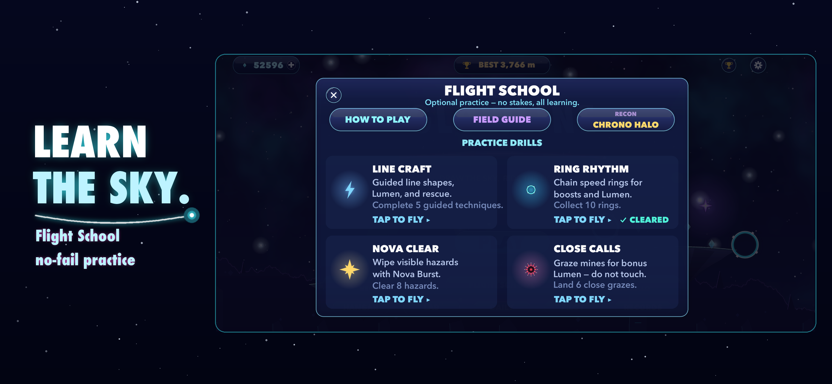 Glowline’s Flight School lesson menu appears beside the words “Learn the sky.”