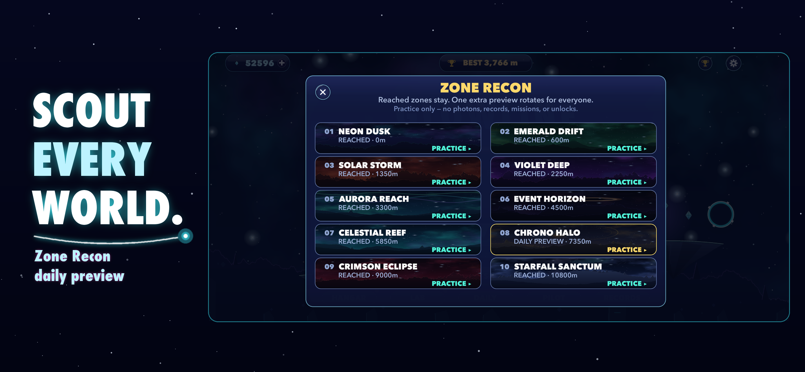 Glowline’s Zone Recon world grid appears beside the words “Scout every world.”