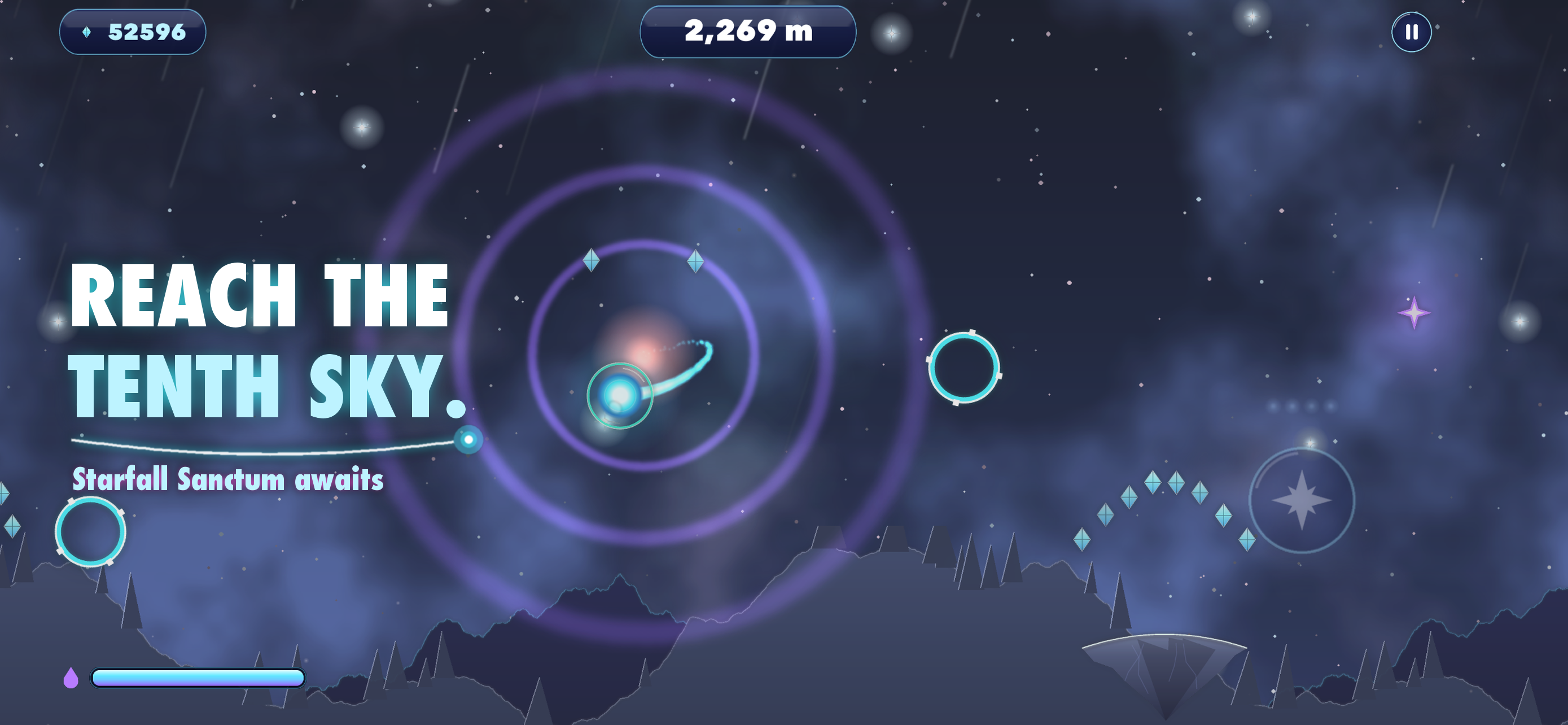 Nova arcs through a gravity well in Starfall Sanctum beneath the words “Reach the tenth sky.”