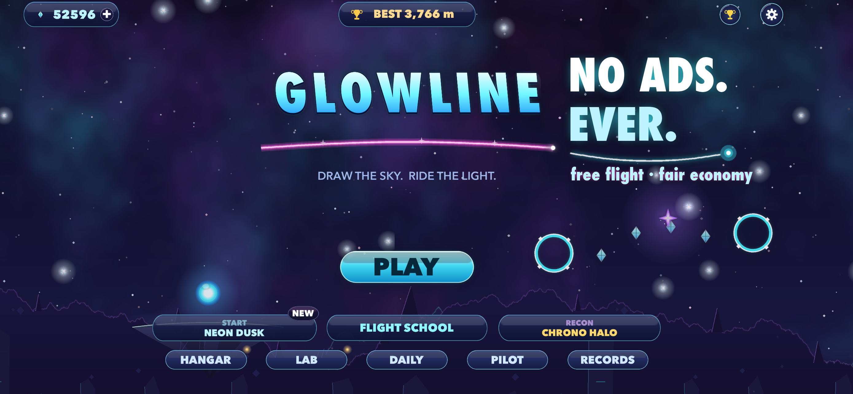Glowline’s home screen appears beneath the words “No ads. Ever.”