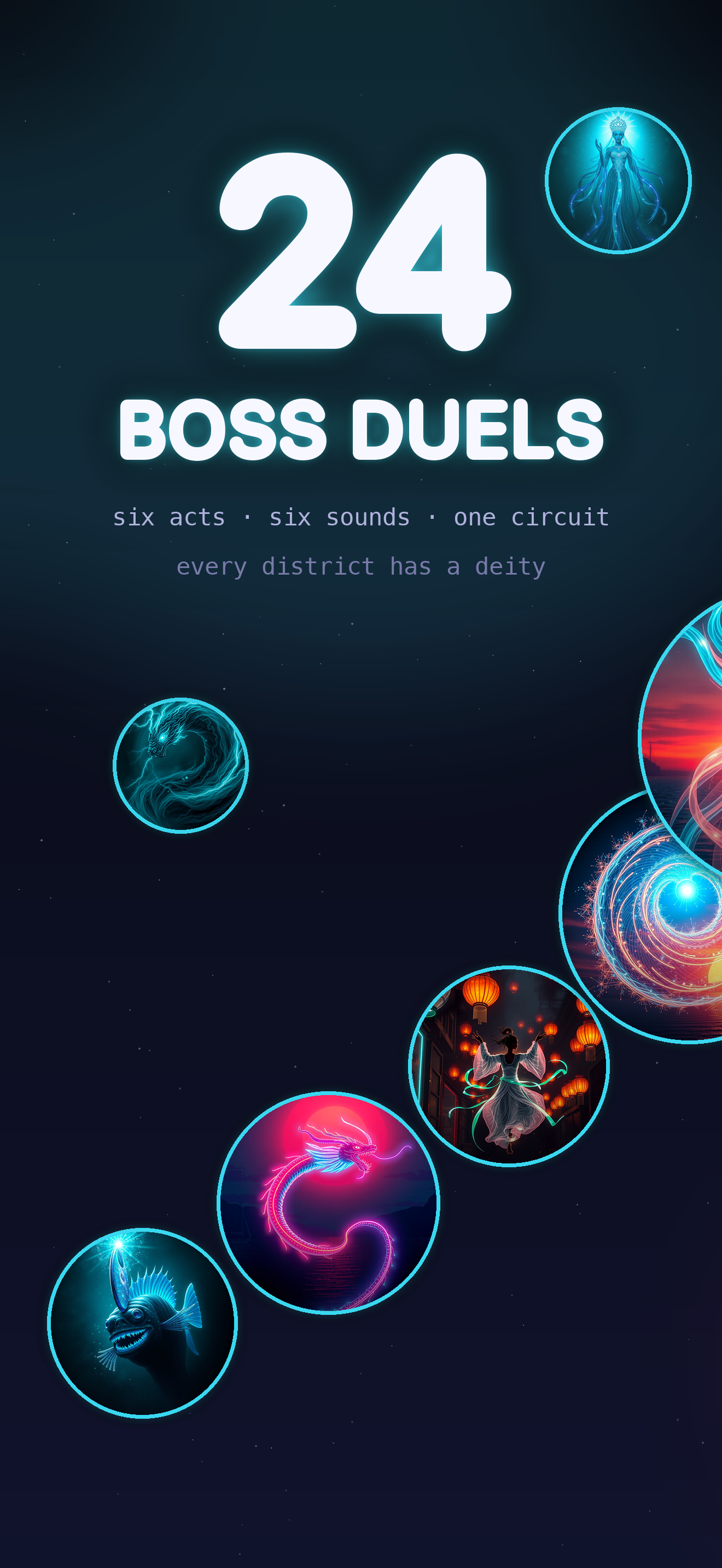 Left half of a panorama reading “24 BOSS DUELS—six acts, six sounds, one circuit,” surrounded by neon boss portraits.