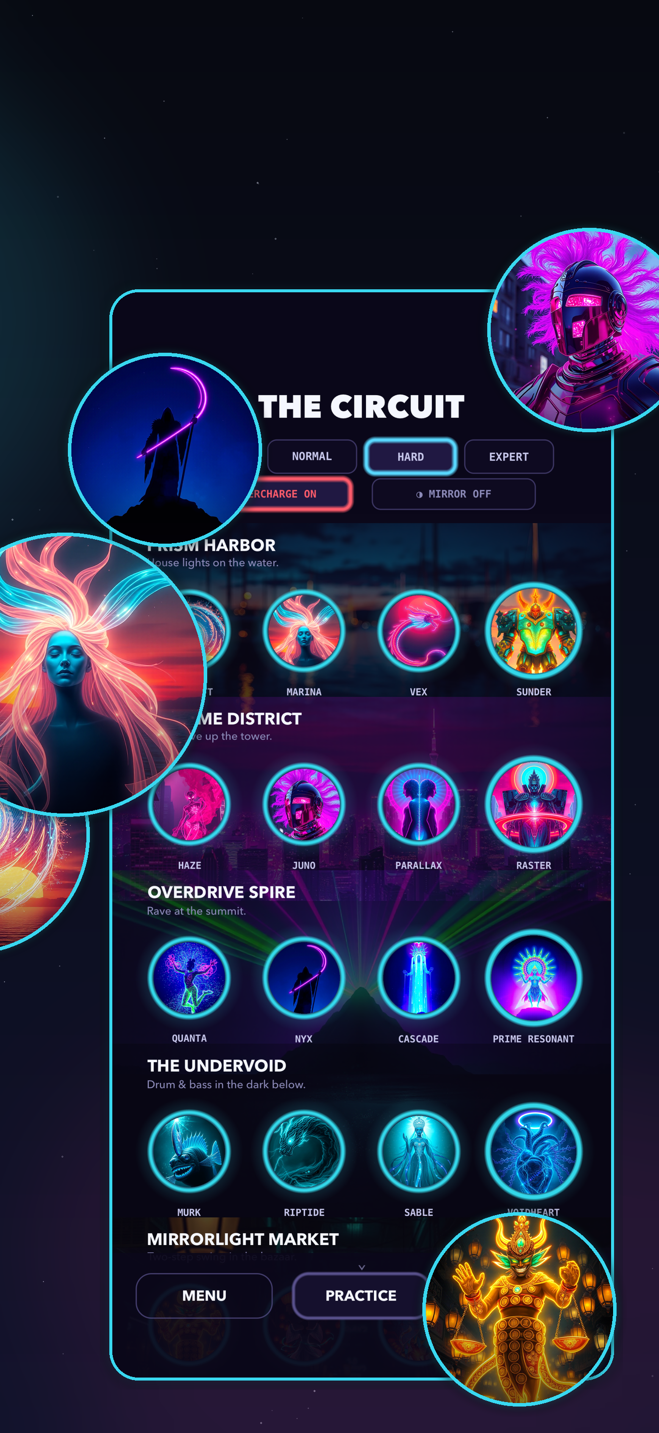 Right half of the boss panorama, with the Circuit map and portraits breaking beyond its frame.