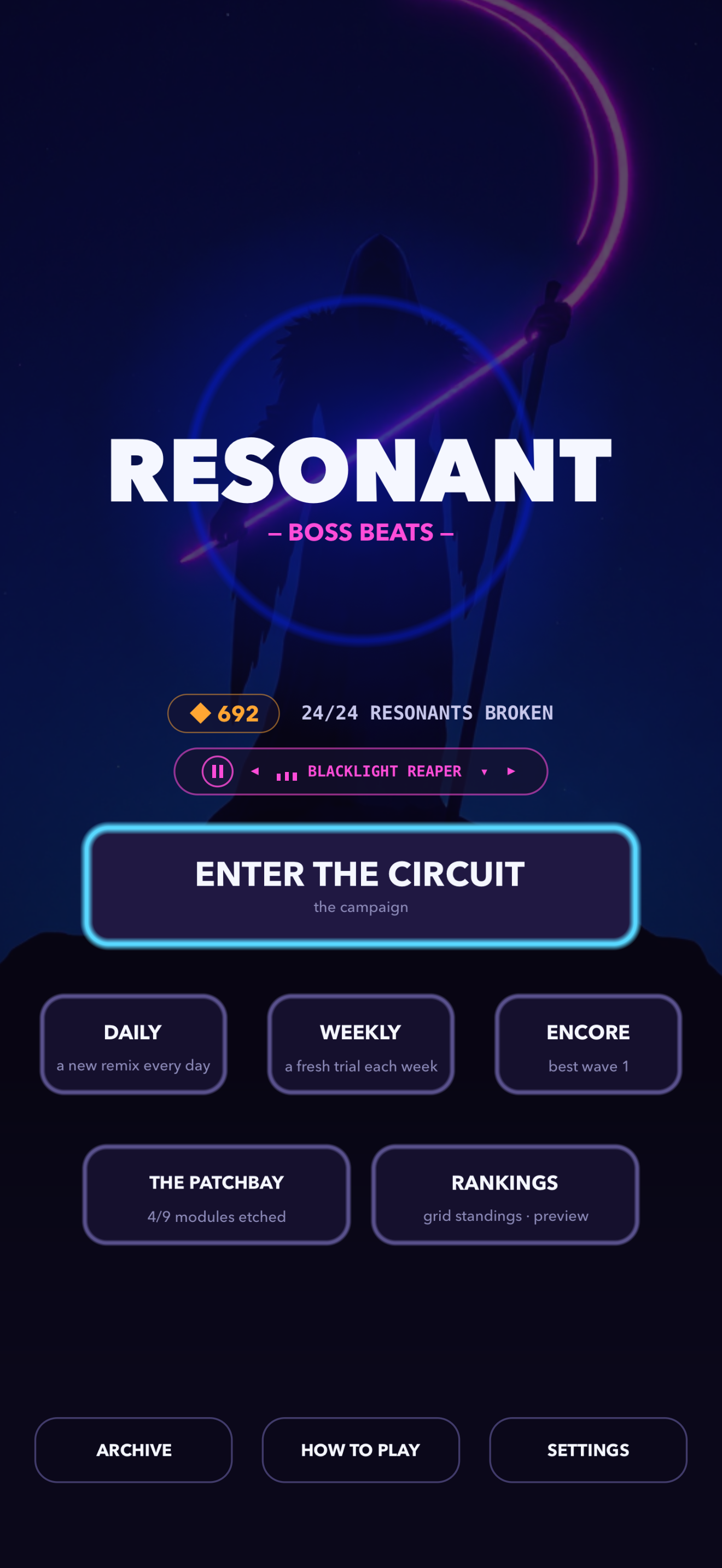 Resonant title screen with a scythe-bearing silhouette inside a neon ring behind the wordmark and the Enter the Circuit button.
