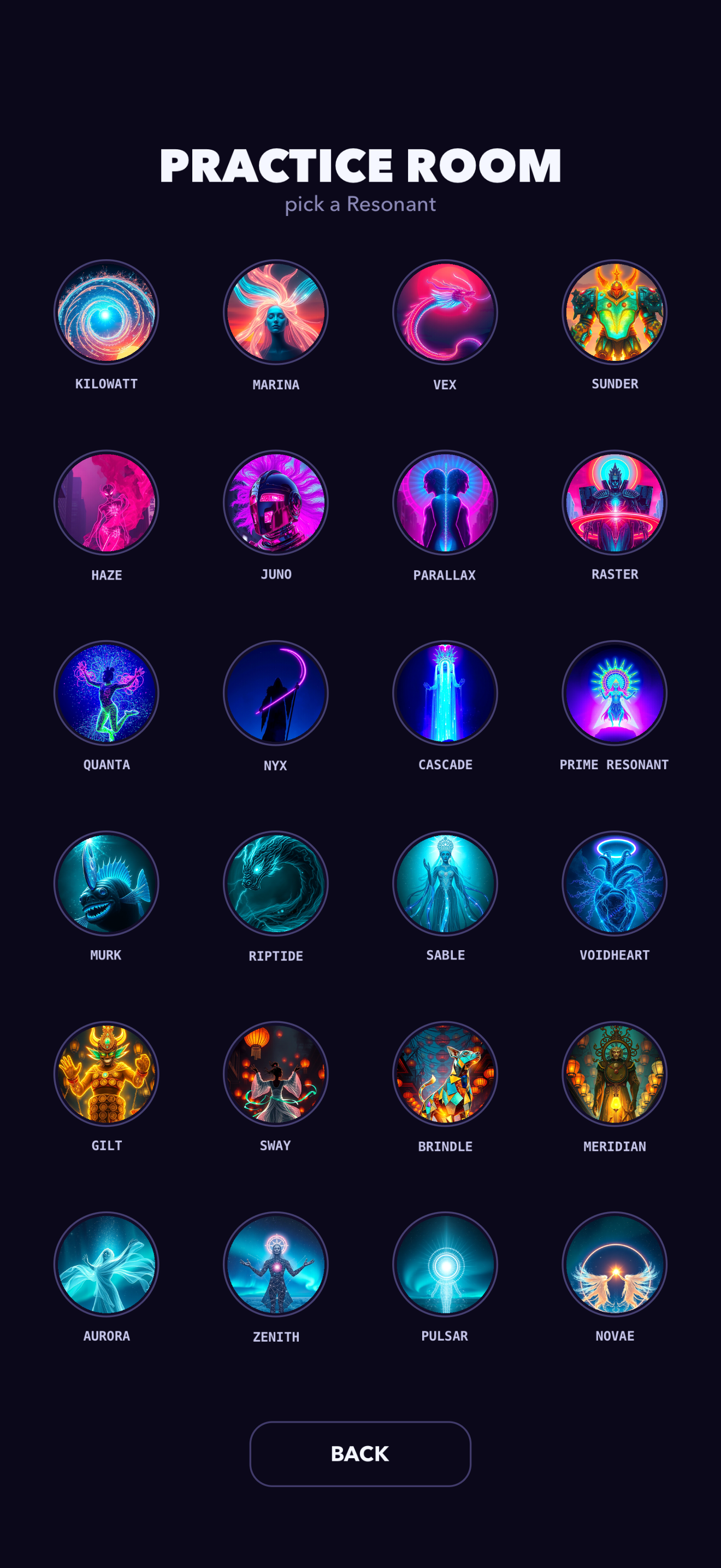 The Practice Room displays all twenty-four Resonant boss portraits in one neon grid.