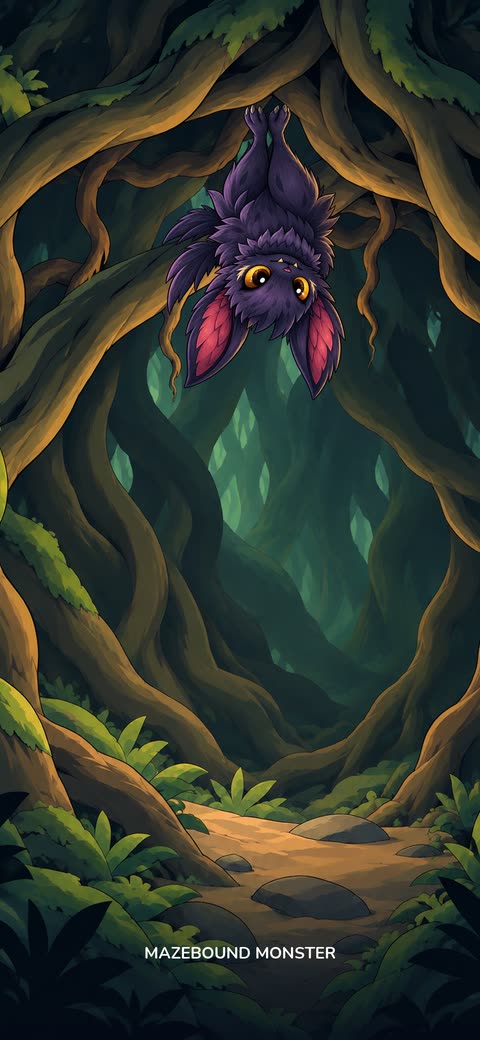 A purple bat-like monster hangs upside down among twisting roots in a dark green cave.