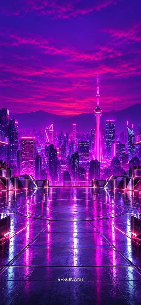 A neon purple and magenta city skyline at dusk with a glowing tower, seen from a mirror-tiled plaza.